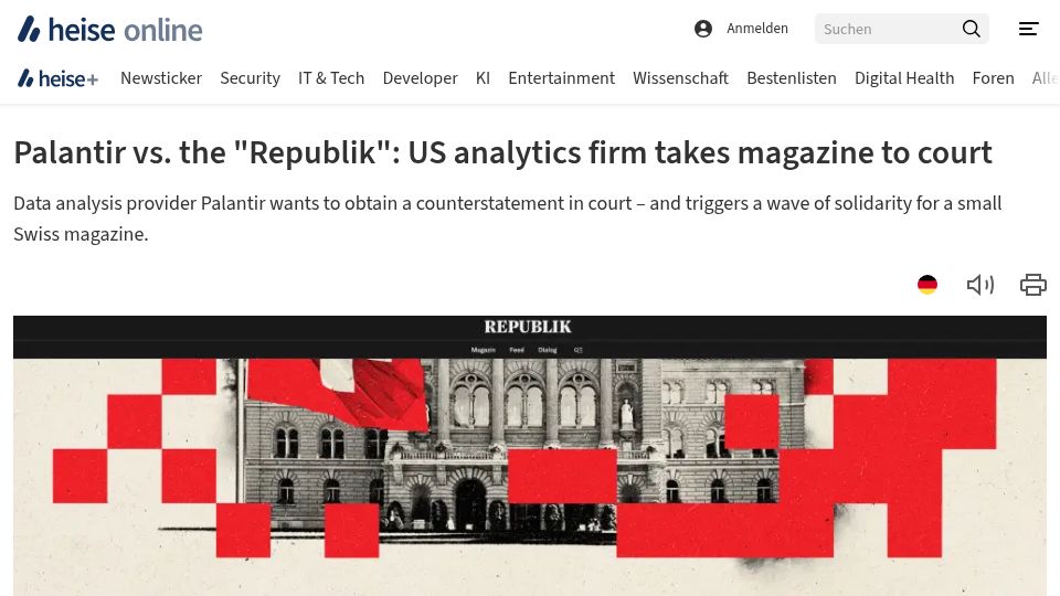 Screenshot of heise.de: Palantir vs. the "Republik": US analytics firm takes magazine to court