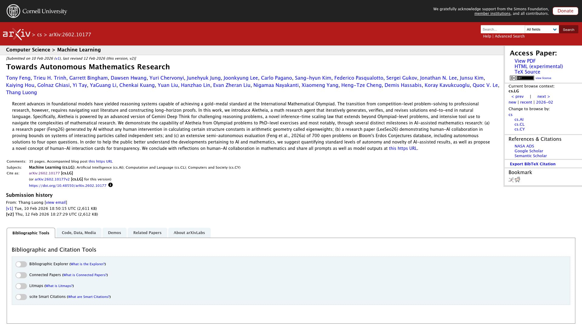 Screenshot of arxiv.org: Towards Autonomous Mathematics Research