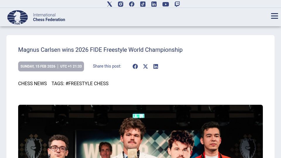 Screenshot of fide.com: Magnus Carlsen Wins the Freestyle (Chess960) World Championship