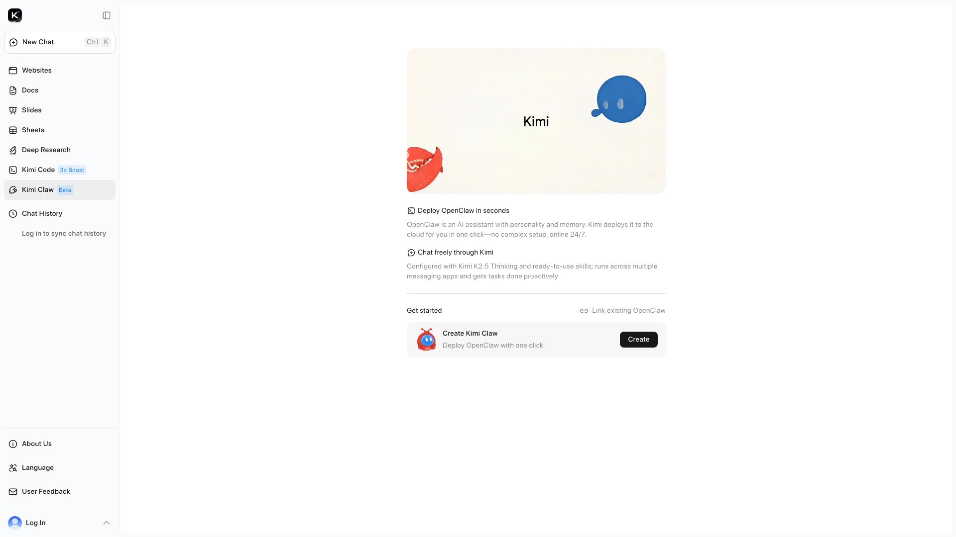 Screenshot of kimi.com: Kimi Claw
