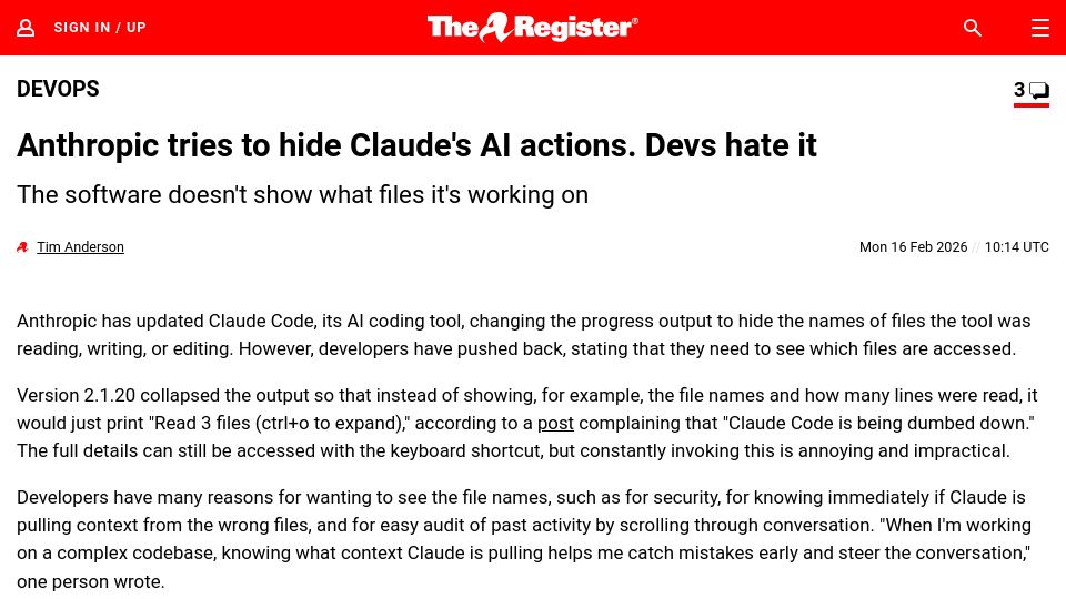 Screenshot of theregister.com: Anthropic tries to hide Claude's AI actions. Devs hate it