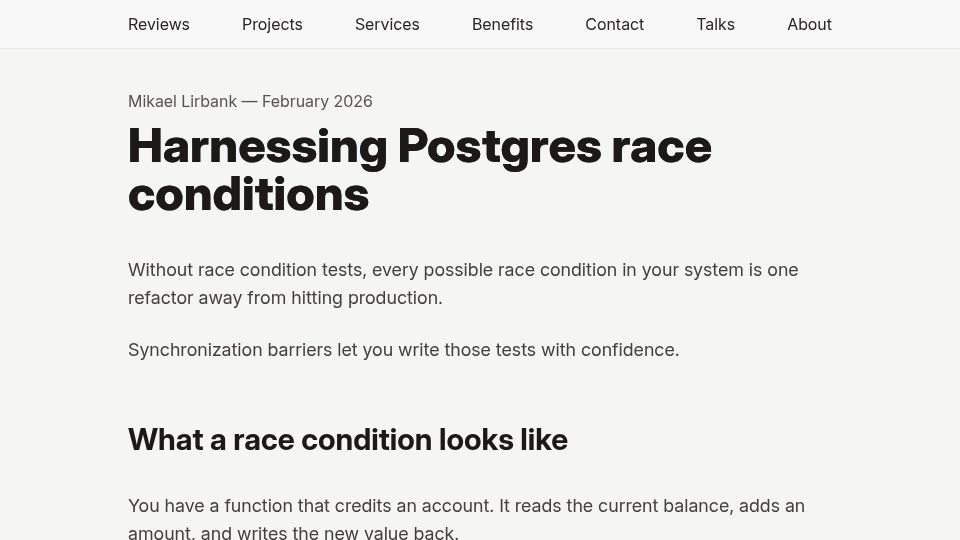 Screenshot of lirbank.com: Testing Postgres race conditions with synchronization barriers