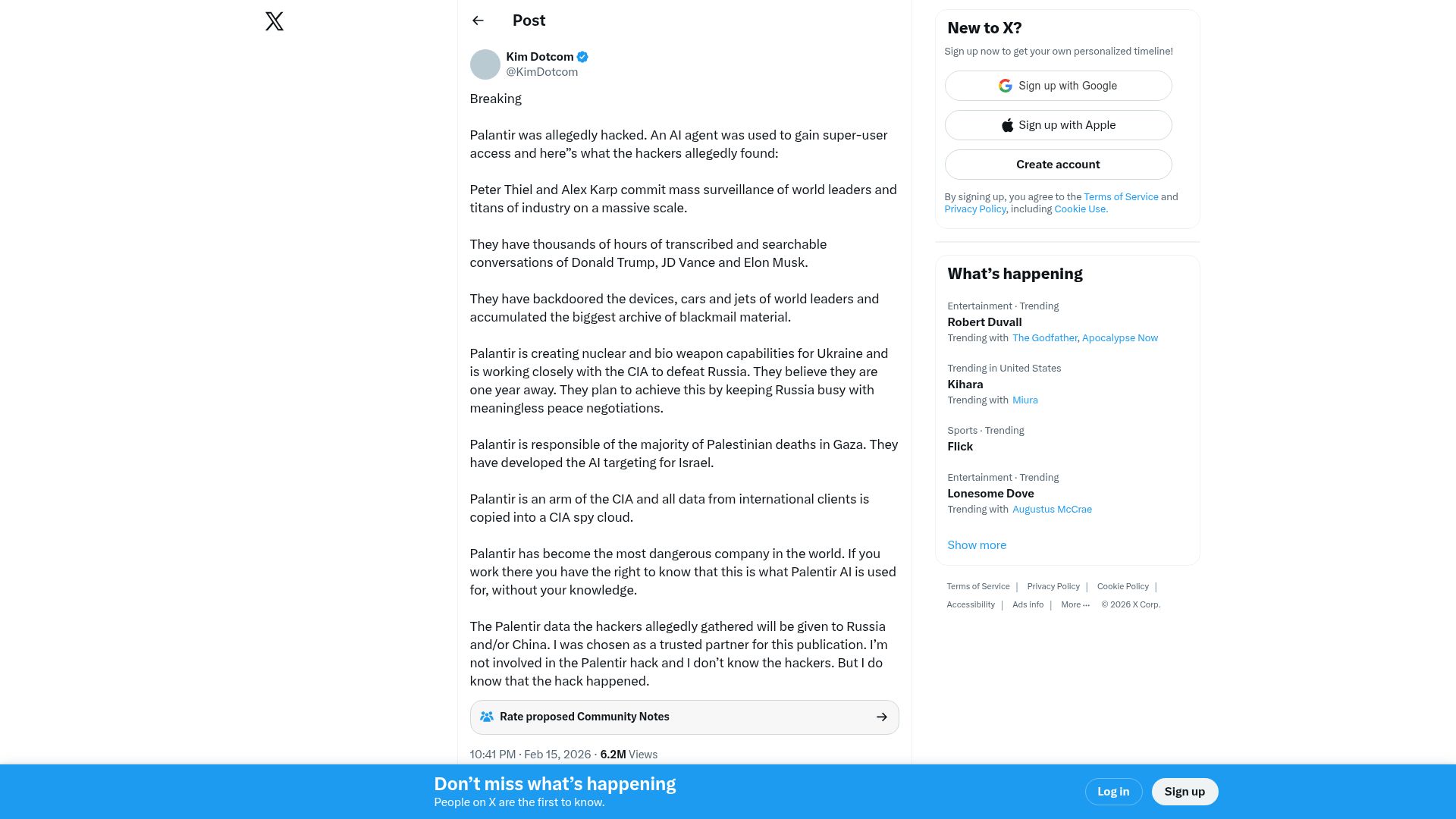 Screenshot of twitter.com: Kim Dotcom says Palantir allegedly hacked