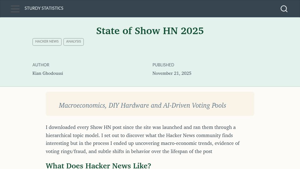 Screenshot of blog.sturdystatistics.com: State of Show HN: 2025