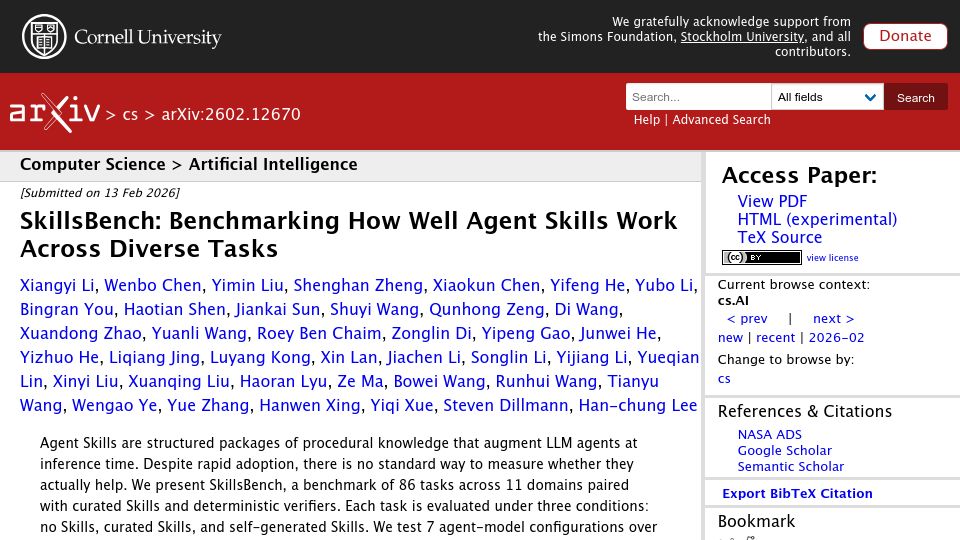 Screenshot of arxiv.org: SkillsBench: Benchmarking how well agent skills work across diverse tasks