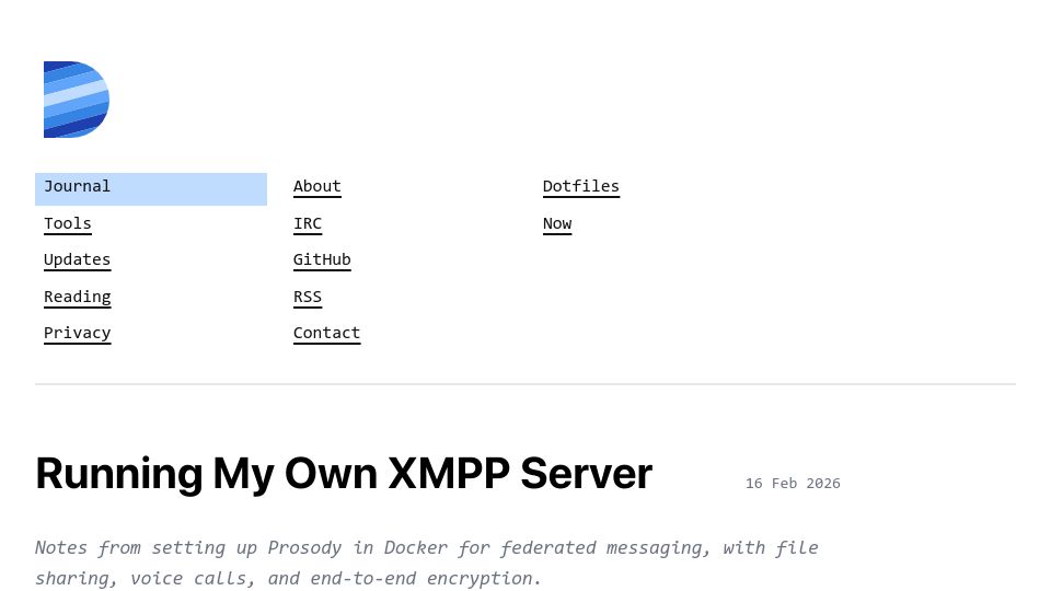 Screenshot of blog.dmcc.io: Running My Own XMPP Server