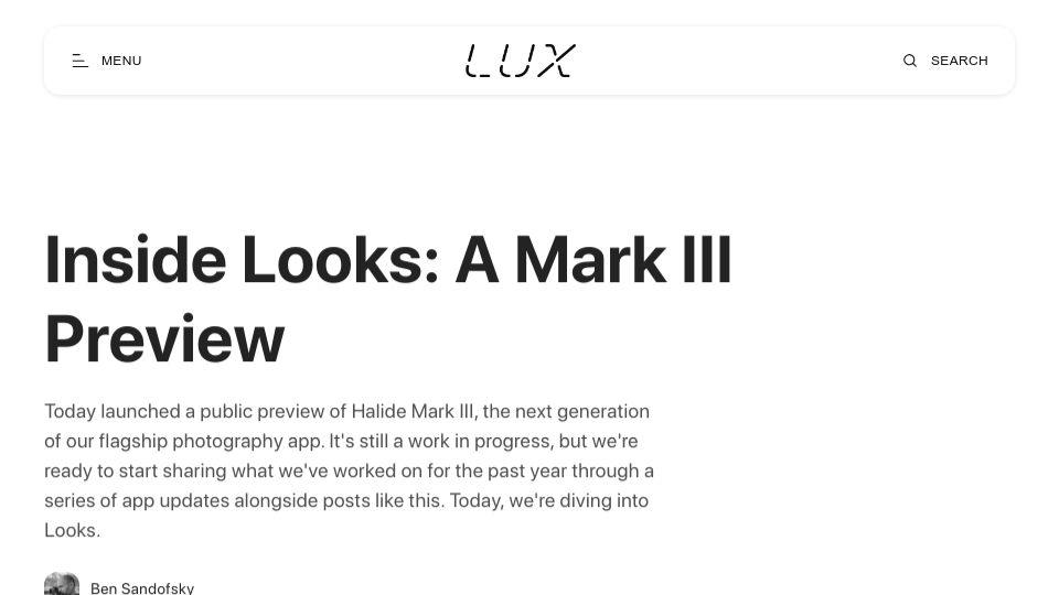 Screenshot of lux.camera: Looks: A Halide Mark III Preview