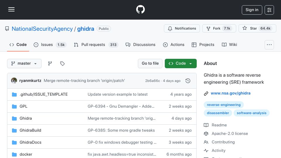 Screenshot of github.com: Ghidra by NSA