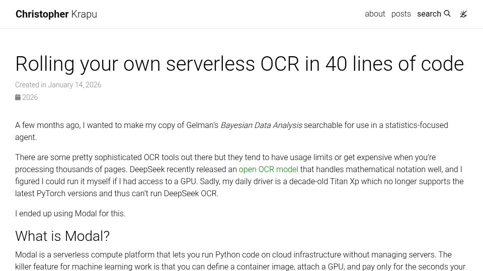 Screenshot of christopherkrapu.com: Rolling your own serverless OCR in 40 lines of code