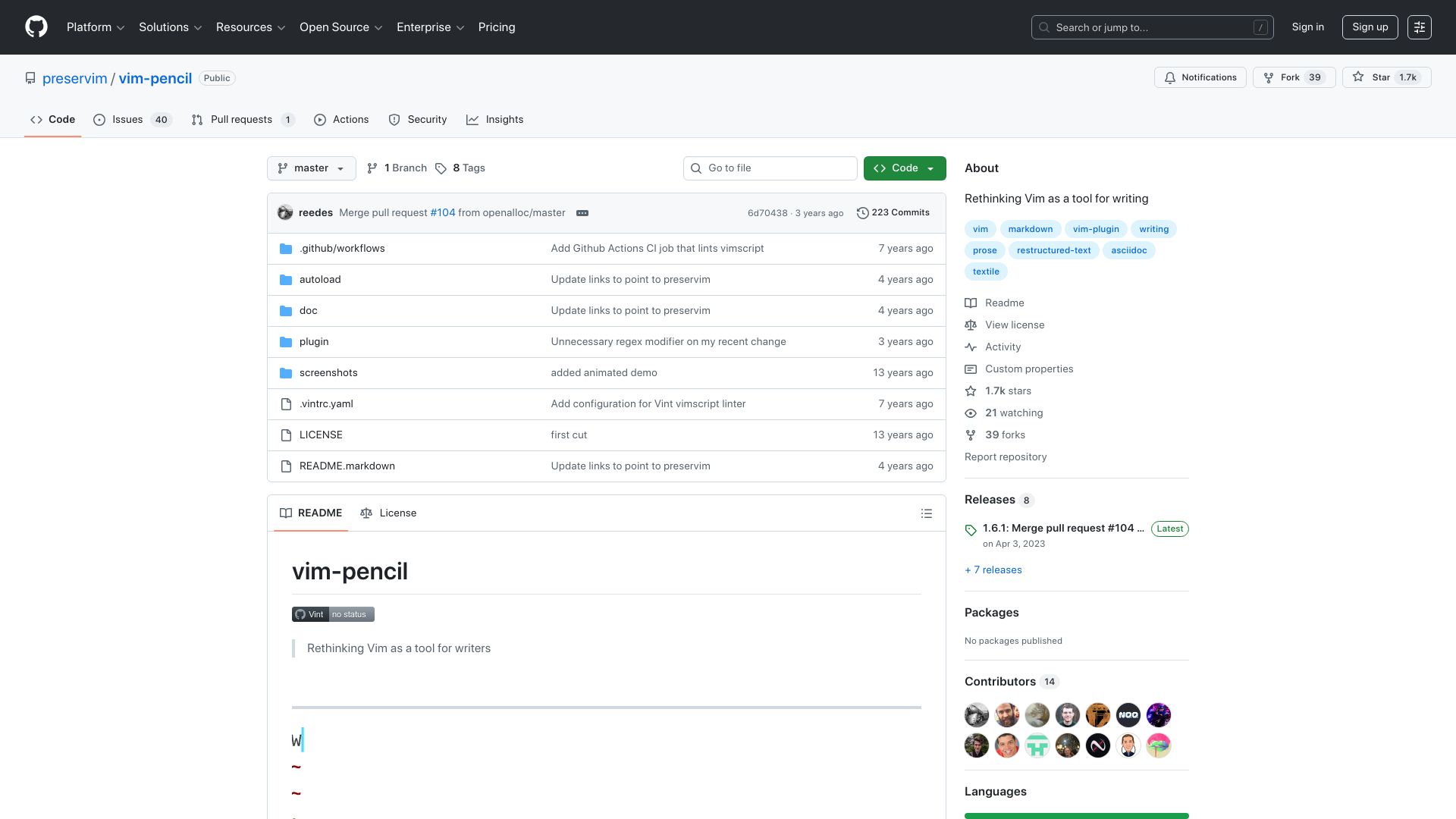 Screenshot of github.com: Vim-pencil: Rethinking Vim as a tool for writing