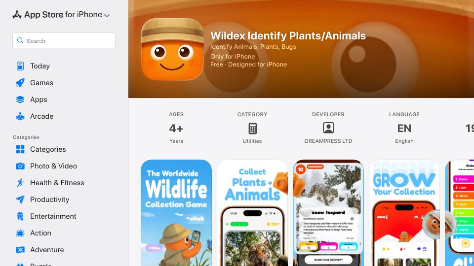 Screenshot of apps.apple.com: Show HN: Wildex – Pokémon Go for real wildlife