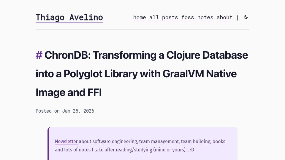 Screenshot of avelino.run: Transforming a Clojure Database into a Library with GraalVM Native Image and FFI