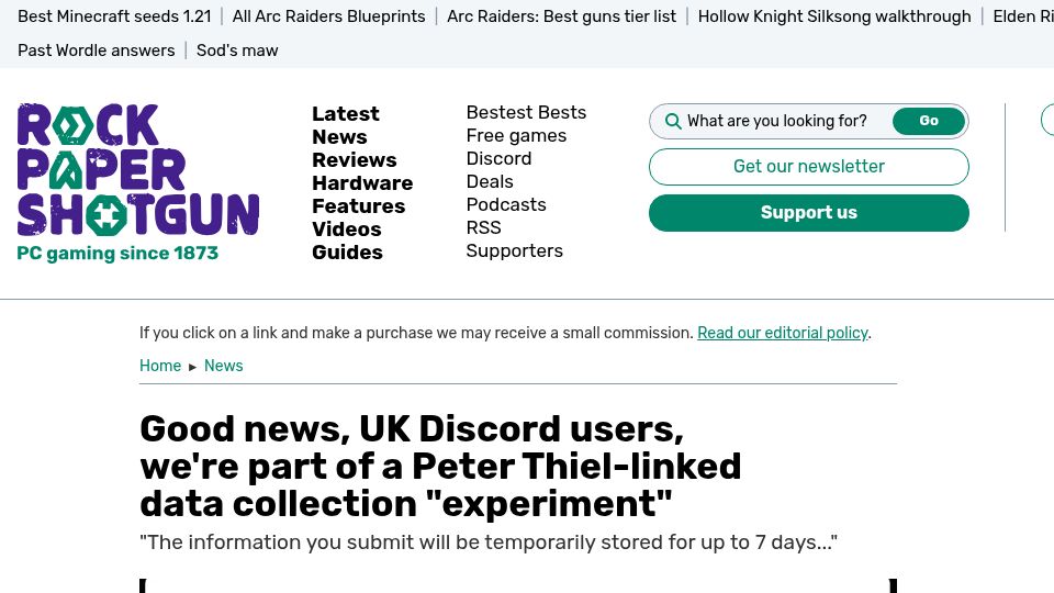 Screenshot of rockpapershotgun.com: UK Discord users were part of a Peter Thiel-linked data collection experiment