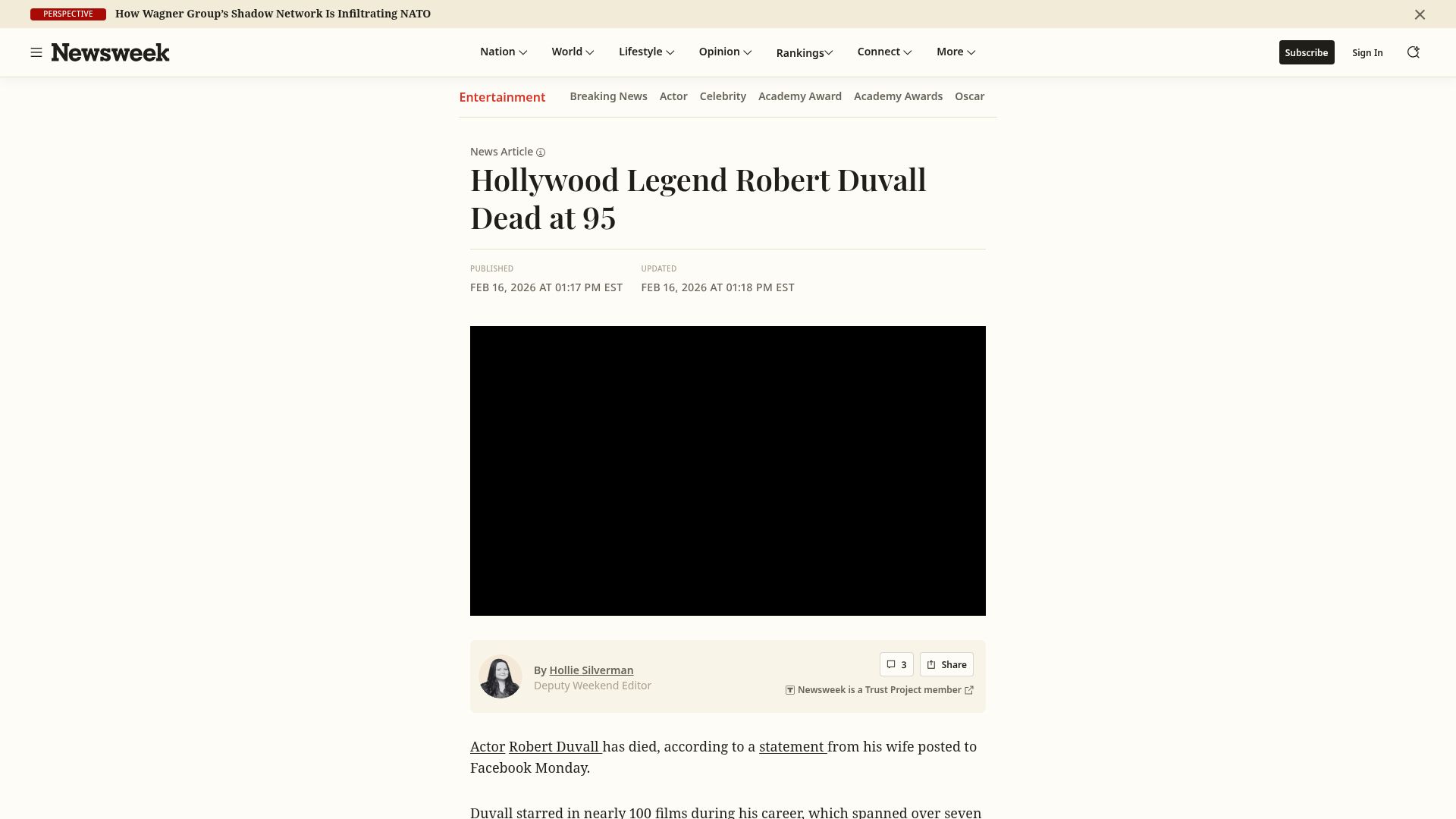 Screenshot of nytimes.com: Robert Duvall has died
