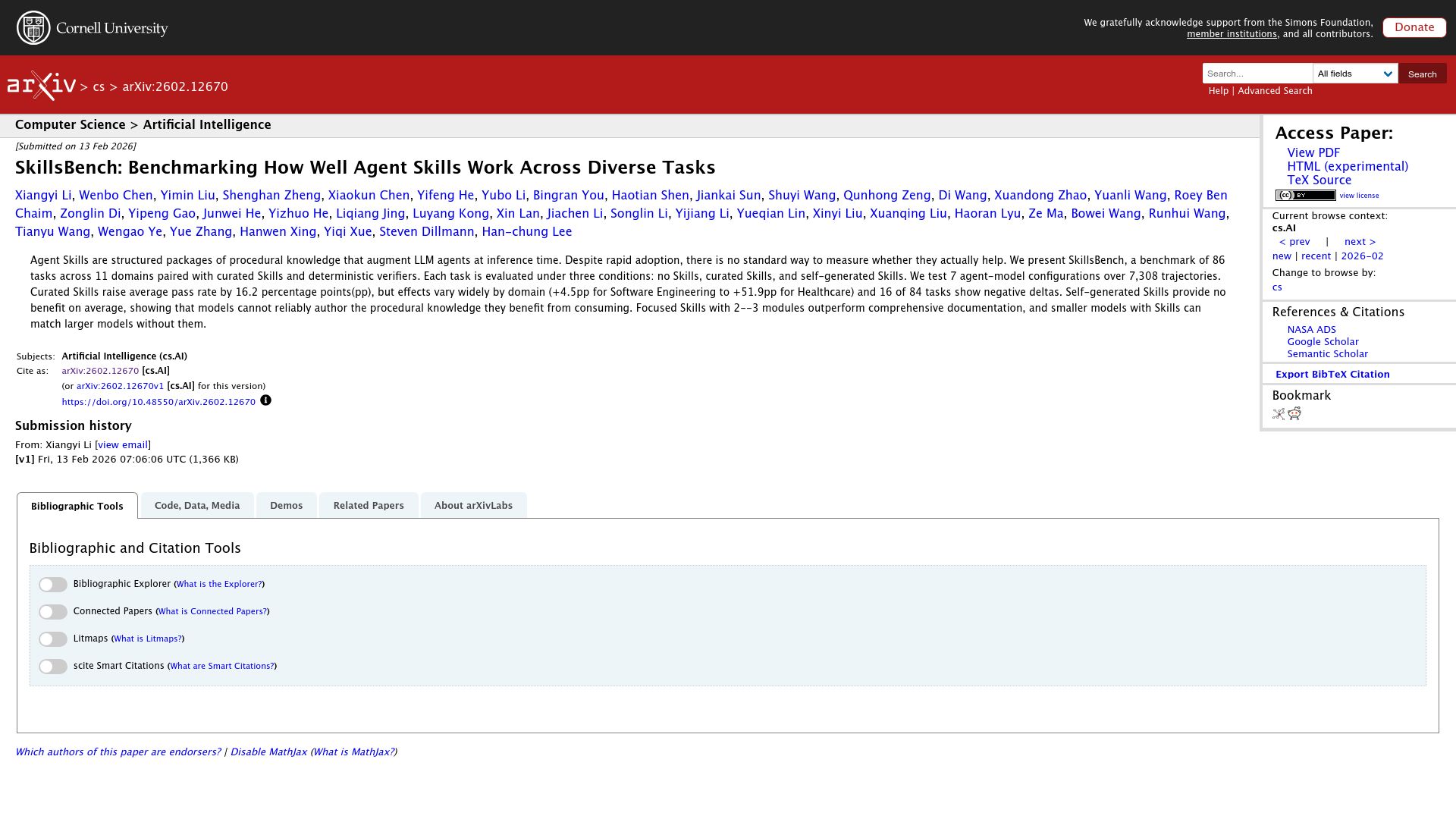 Screenshot of arxiv.org: SkillsBench: Benchmarking how well agent skills work across diverse tasks