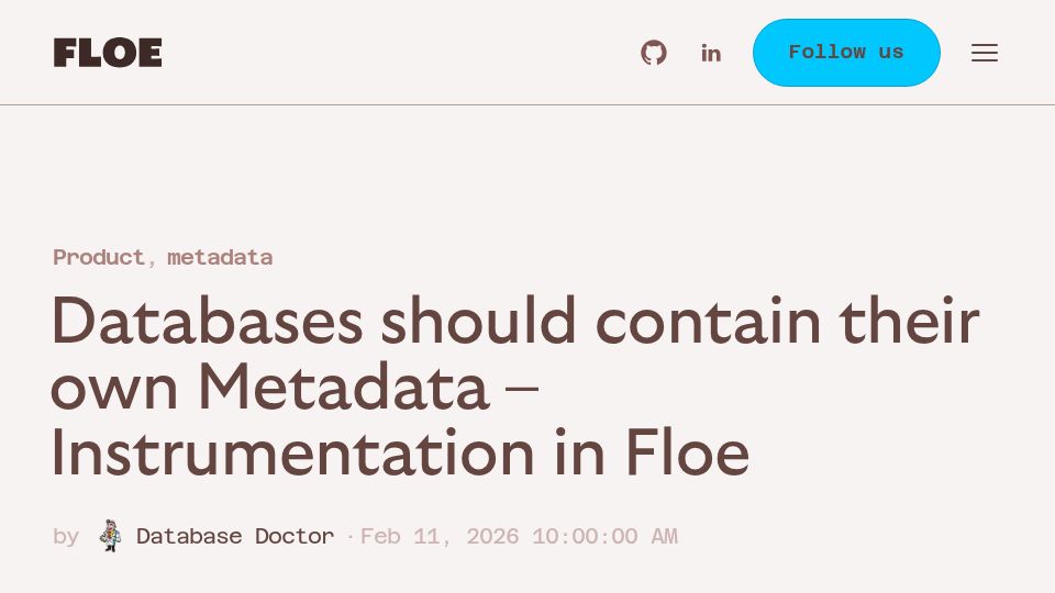 Screenshot of floedb.ai: Databases should contain their own Metadata – Use SQL Everywhere