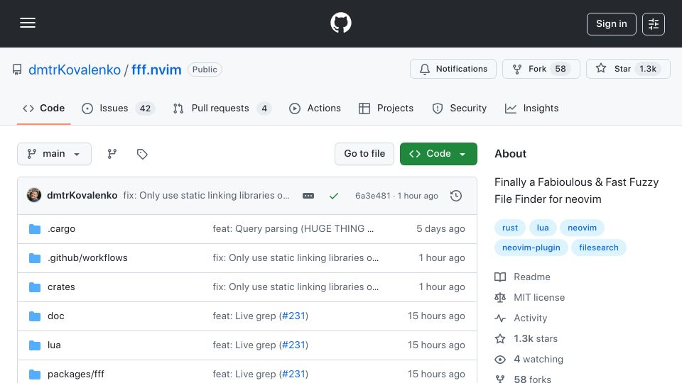 Screenshot of github.com: Fff.nvim – Typo-resistant code search