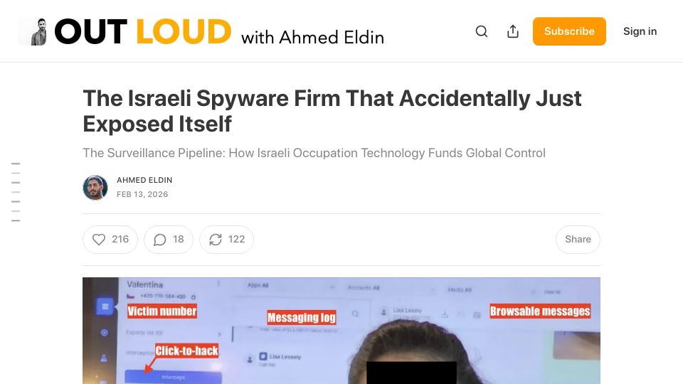 Screenshot of ahmedeldin.substack.com: The Israeli spyware firm that accidentally just exposed itself