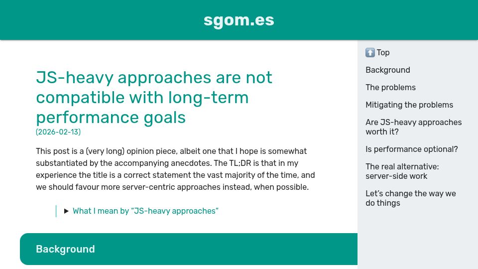 Screenshot of sgom.es: JavaScript-heavy approaches are not compatible with long-term performance goals