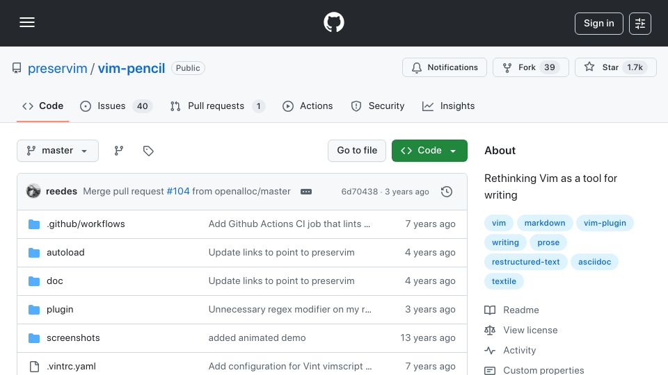 Screenshot of github.com: Vim-pencil: Rethinking Vim as a tool for writing