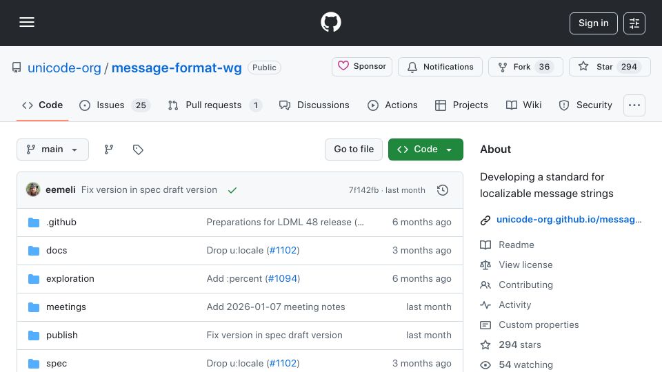 Screenshot of github.com: MessageFormat: Unicode standard for localizable message strings