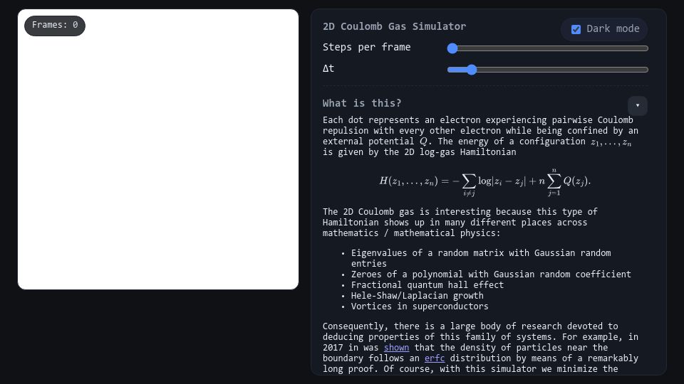 Screenshot of simonhalvdansson.github.io: Show HN: 2D Coulomb Gas Simulator