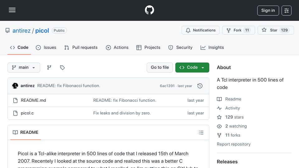 Screenshot of github.com: picol: A Tcl interpreter in 500 lines of code