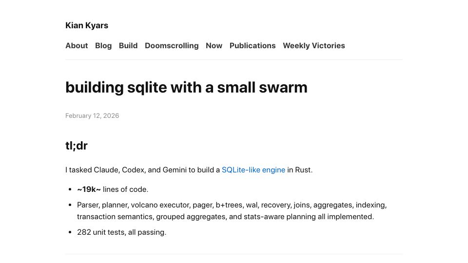Screenshot of kiankyars.github.io: Building SQLite with a small swarm