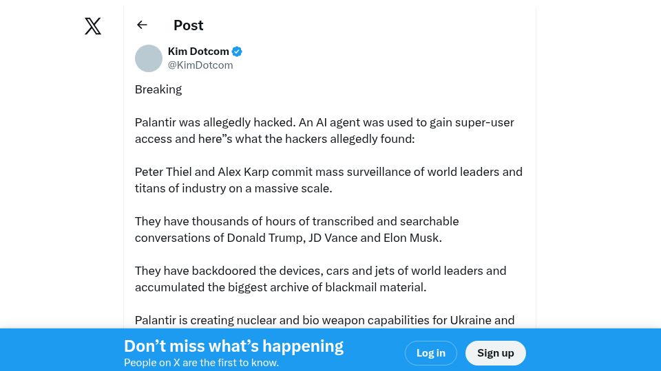Screenshot of twitter.com: Kim Dotcom says Palantir allegedly hacked