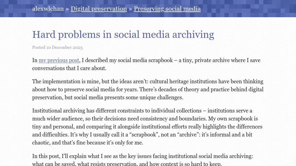Screenshot of alexwlchan.net: Hard problems in social media archiving