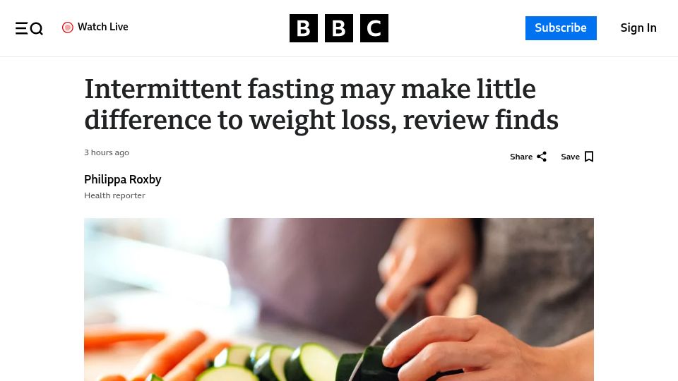 Screenshot of bbc.co.uk: Intermittent fasting may make little difference to weight loss, review finds
