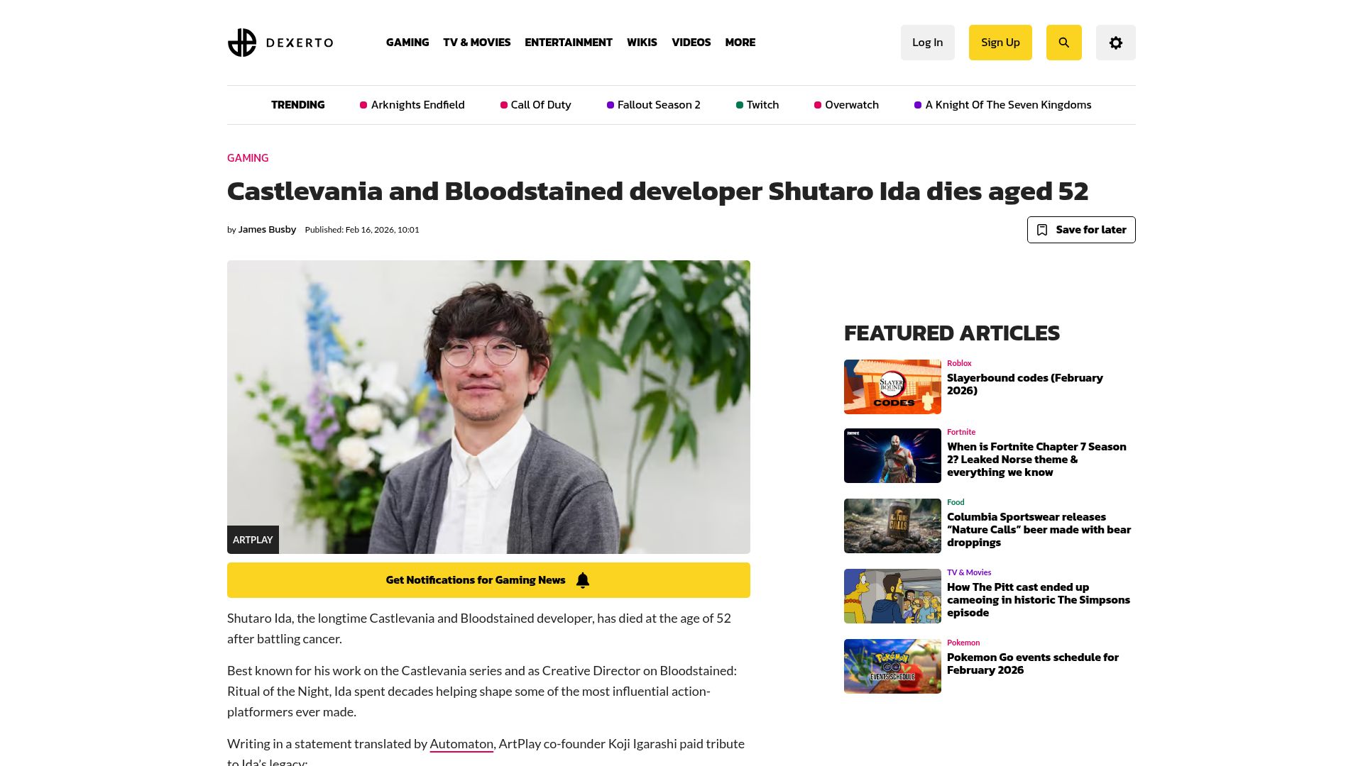 Screenshot of dexerto.com: Castlevania and Bloodstained developer Shutaro Ida dies aged 52