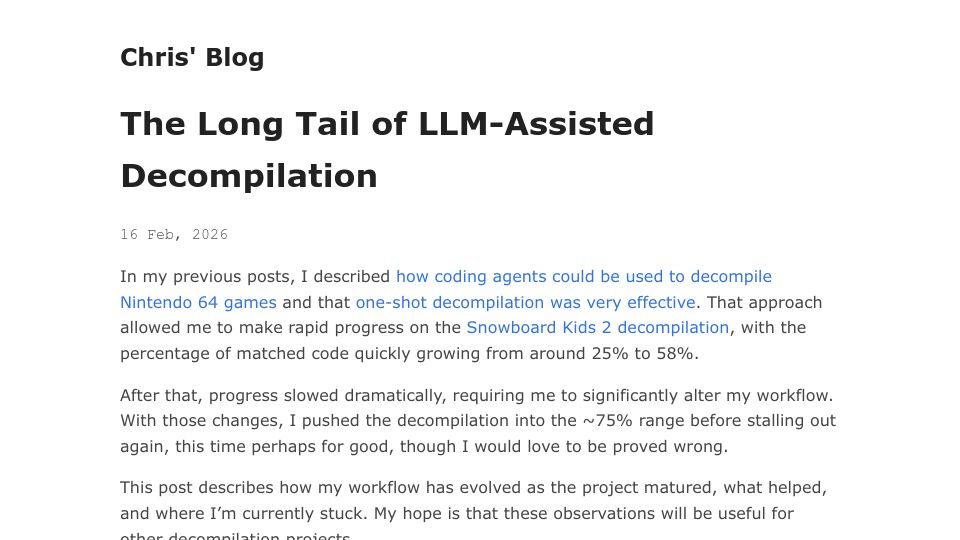 Screenshot of blog.chrislewis.au: The long tail of LLM-assisted decompilation