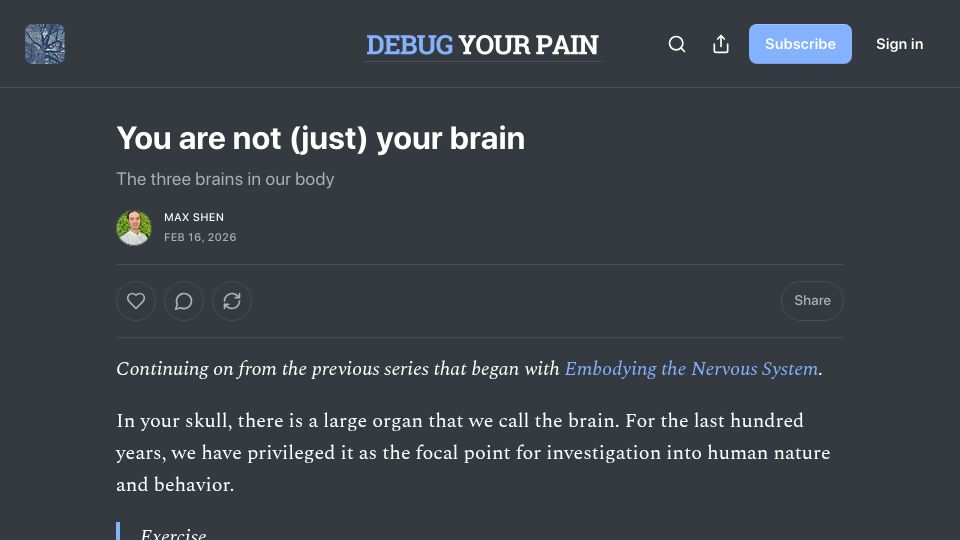 Screenshot of essays.debugyourpain.com: Neurons outside the brain