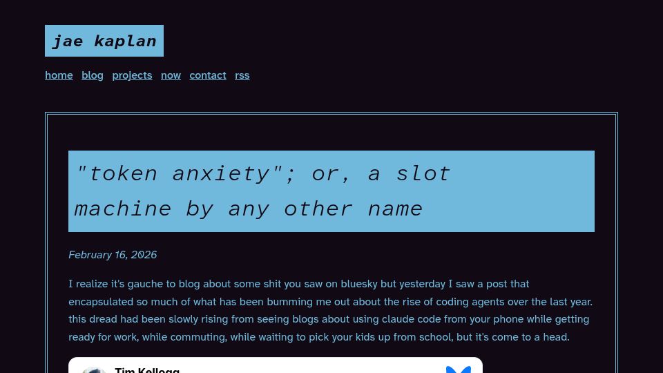 Screenshot of jkap.io: "Token anxiety", a slot machine by any other name