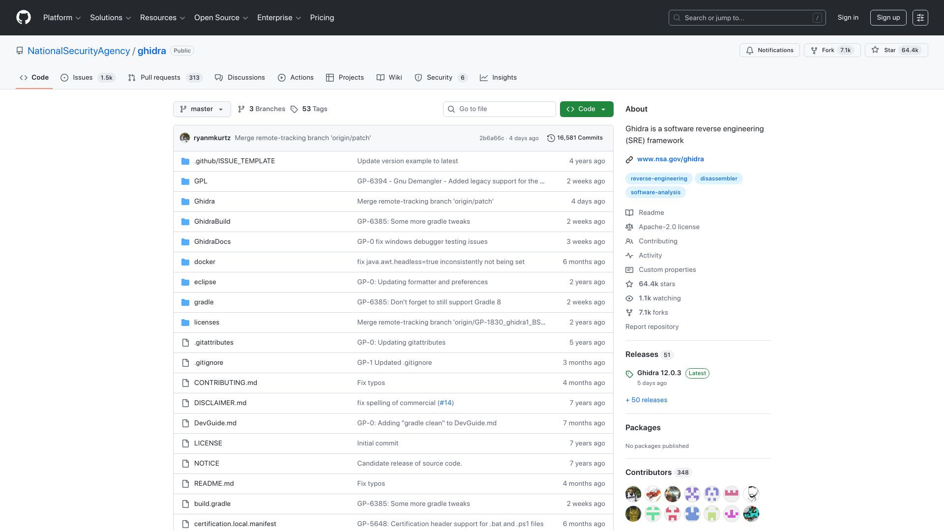 Screenshot of github.com: Ghidra by NSA