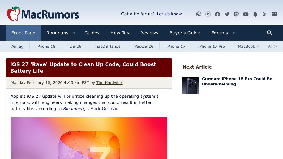 Screenshot of macrumors.com: iOS 27 'Rave' Update to Clean Up Code, Could Boost Battery Life