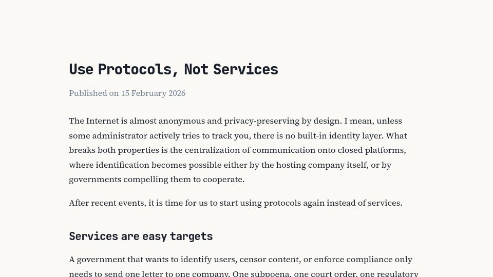Screenshot of notnotp.com: Use protocols, not services
