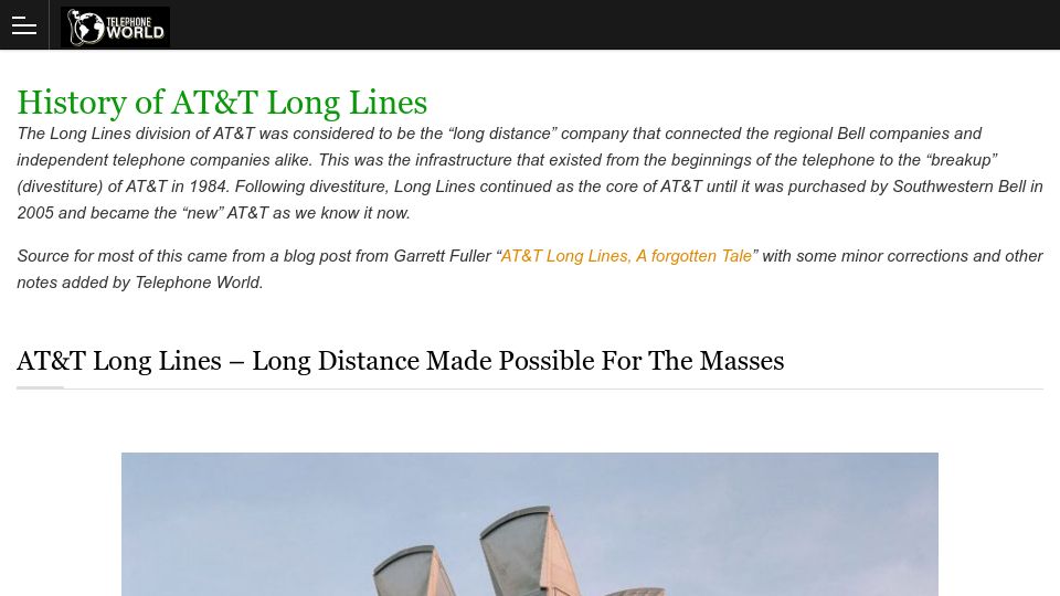 Screenshot of telephoneworld.org: History of AT&T Long Lines