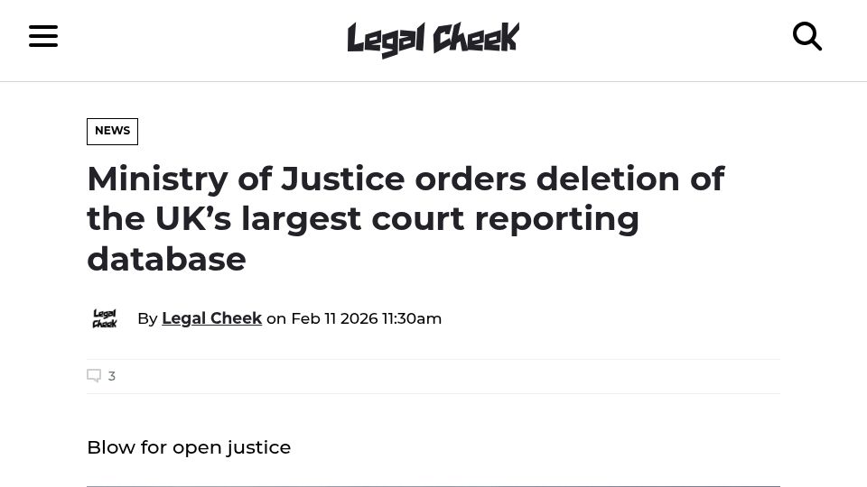 Screenshot of legalcheek.com: Ministry of Justice orders deletion of the UK's largest court reporting database
