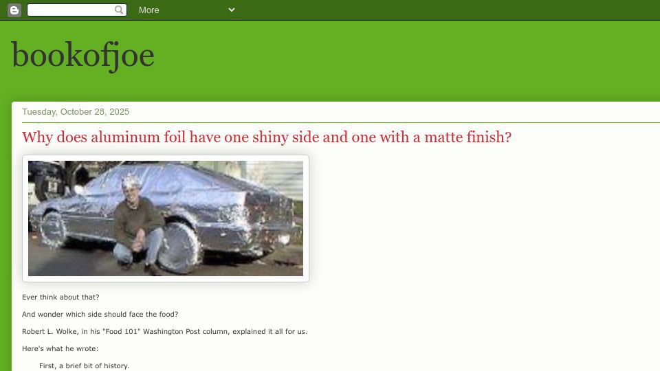 Screenshot of bookofjoe2.blogspot.com: Why does aluminum foil have one shiny side and one with a matte finish?