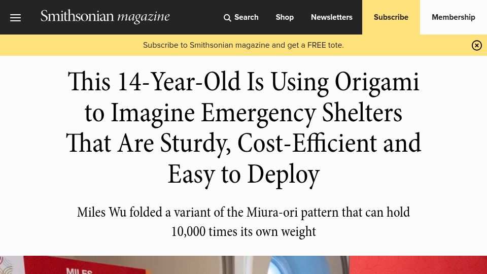 Screenshot of smithsonianmag.com: 14-year-old Miles Wu folded origami pattern that holds 10k times its own weight