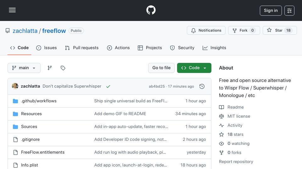 Screenshot of github.com: Show HN: Free alternative to Wispr Flow, Superwhisper, and Monologue
