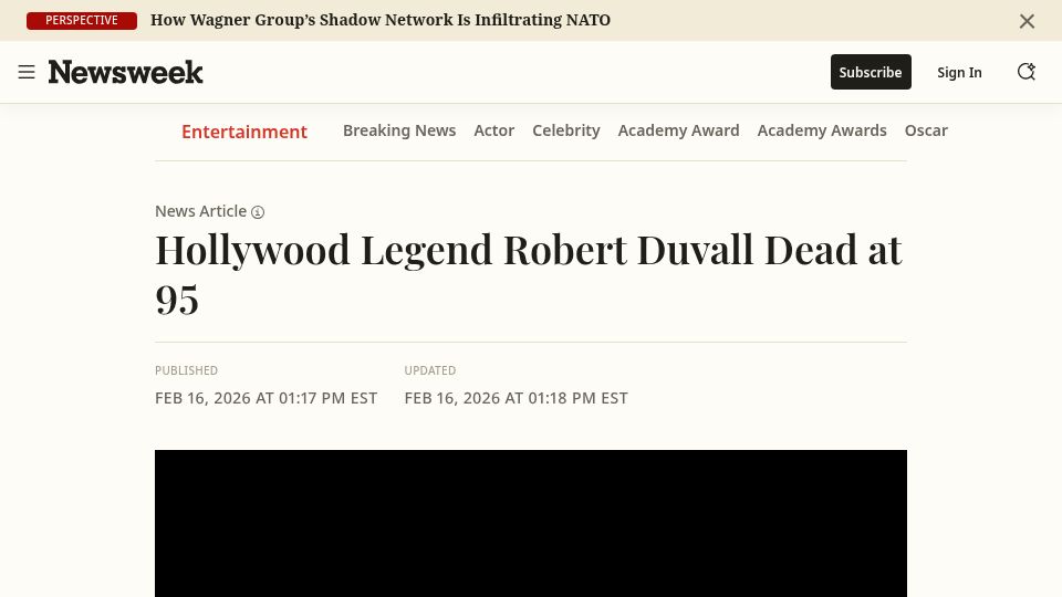 Screenshot of nytimes.com: Robert Duvall has died