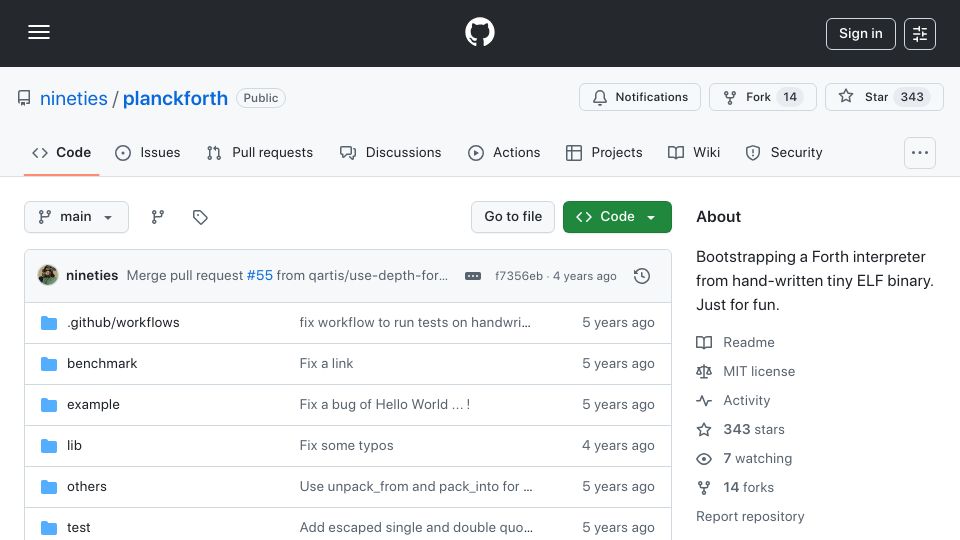 Screenshot of github.com: planckforth: Bootstrapping a Forth interpreter from hand-written tiny ELF binary