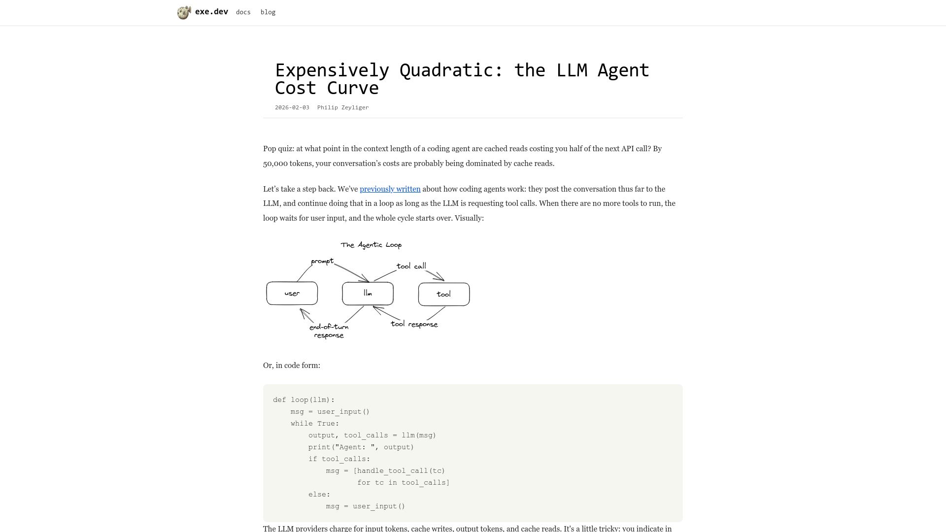 Screenshot of blog.exe.dev: Expensively Quadratic: The LLM Agent Cost Curve