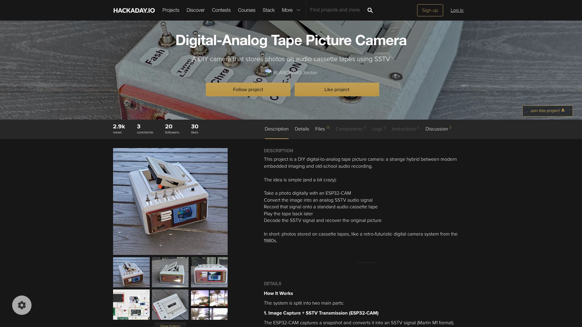 Screenshot of hackaday.io: Camera that captures photos to cassette tape