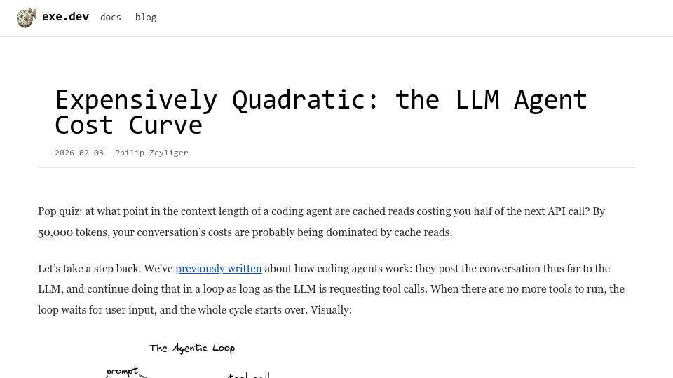 Screenshot of blog.exe.dev: Expensively Quadratic: The LLM Agent Cost Curve