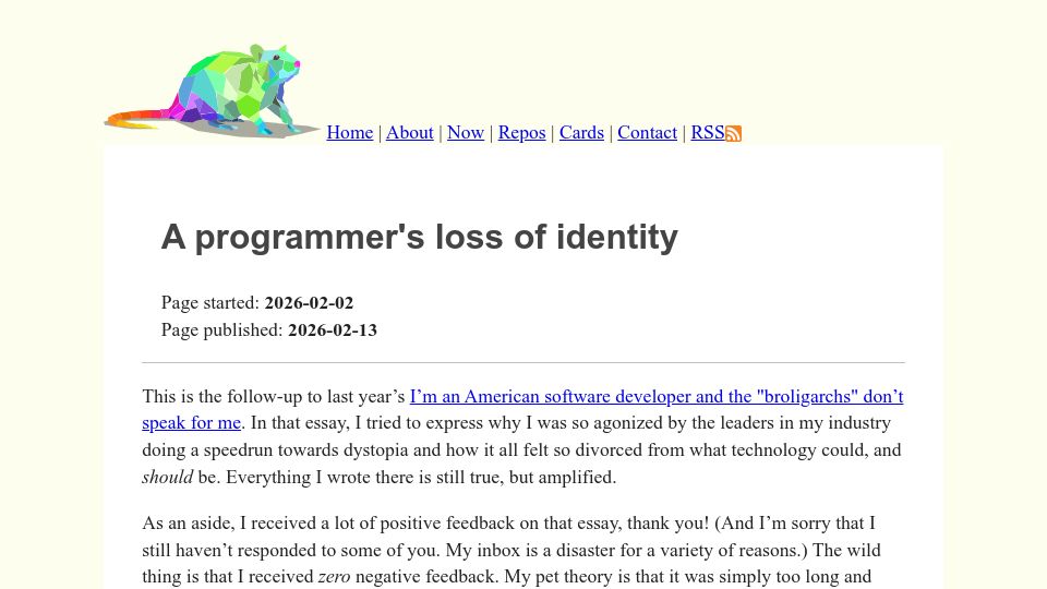 Screenshot of ratfactor.com: A Programmer's Loss of Identity