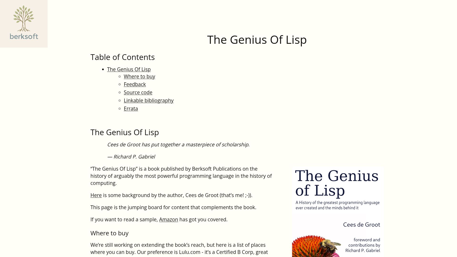 Screenshot of berksoft.ca: Show HN: I wrote a technical history book on Lisp